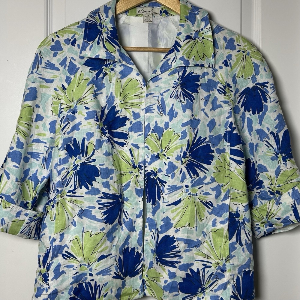 Kim Rogers Linen Blue Green Floral 3/4 Sleeve Blazer Coastal Grandmother Style